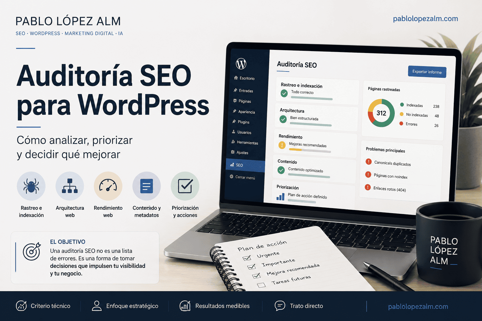 Panel técnico con puntos clave de una auditoría SEO para WordPress